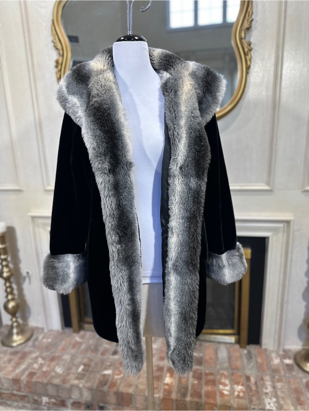 Olympia Vintage Faux Fur Coat Womens PS Black Silver Trim Mob Wife Slavic Glam